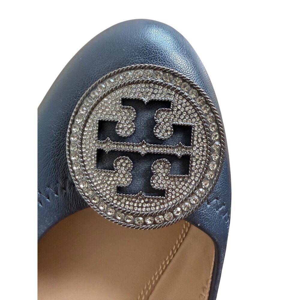 Tory Burch Liana Navy Napa Leather Ballet Flats Rhinestone Medallion Logo Sz 9 - Picture 2 of 12